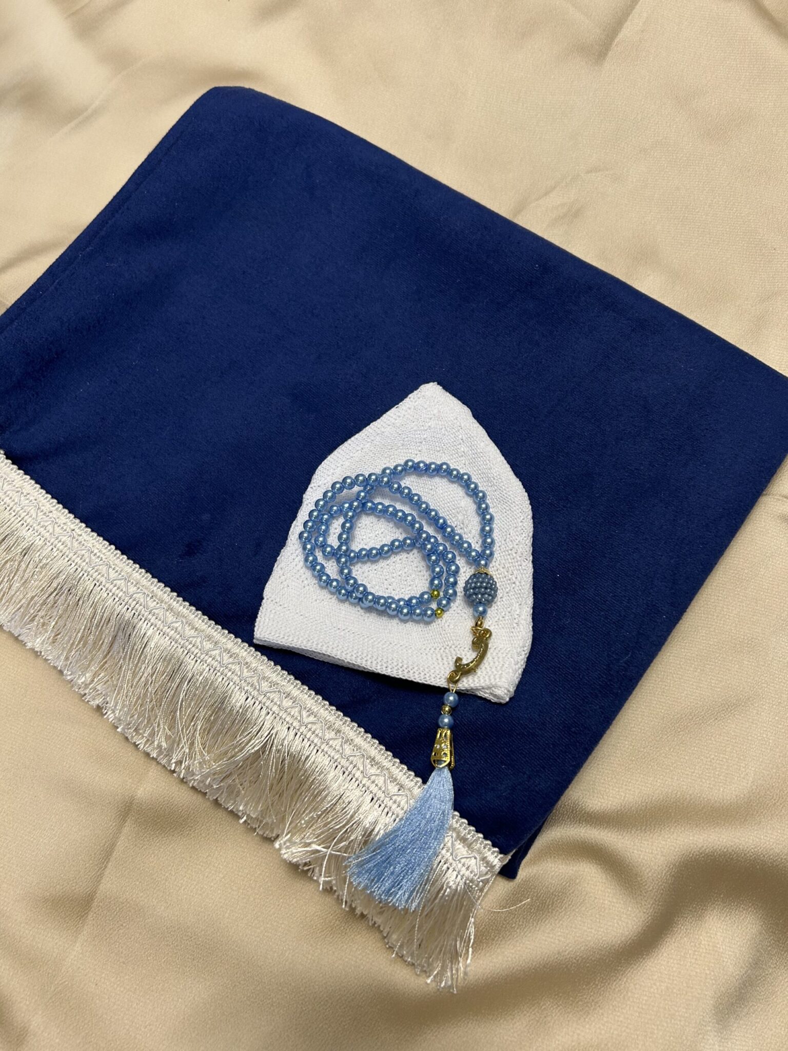 Set tapis de prière , chachia et tesbih – Bleu roi