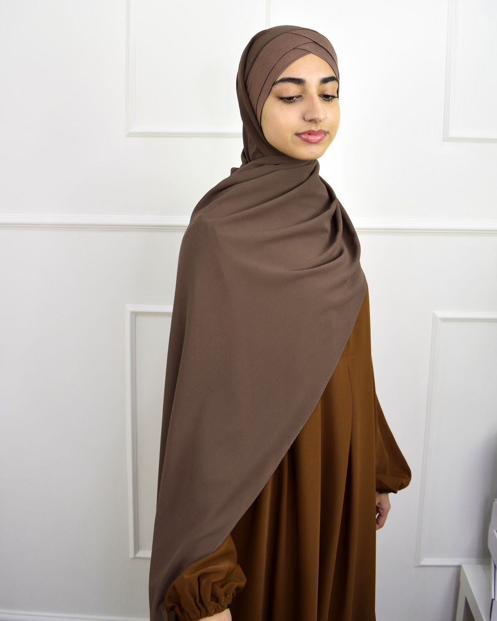 Hijab à enfiler en Mousseline bonnet jersey – Café