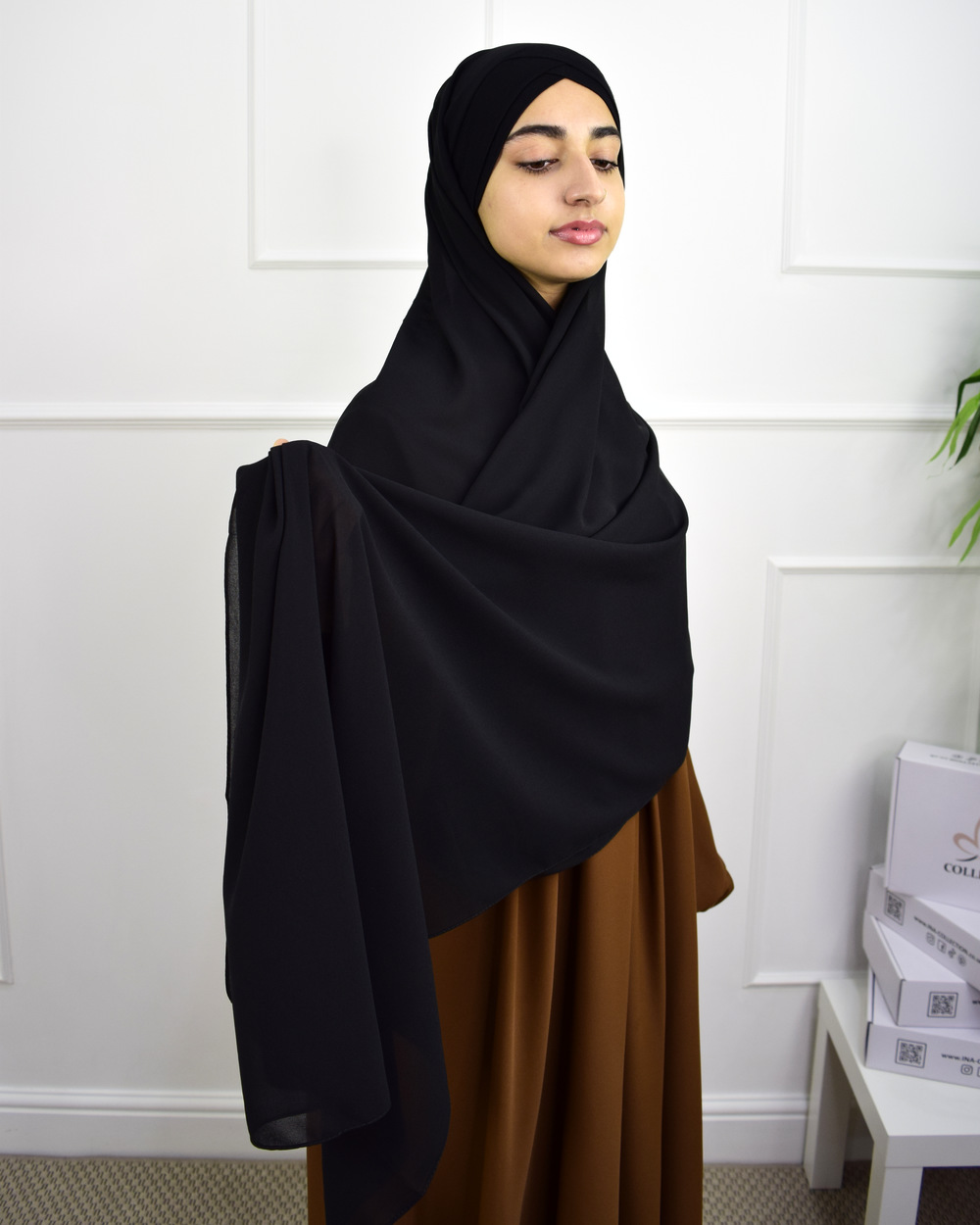 Hijab à enfiler en Mousseline bonnet jersey – Noir