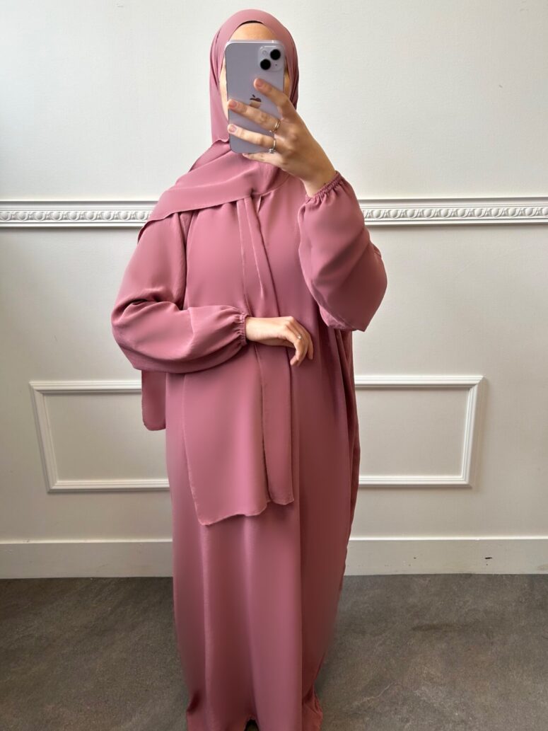 Abaya robe pour femme musulmane mastour voile intégré soie de medine rose poudré manche ballon