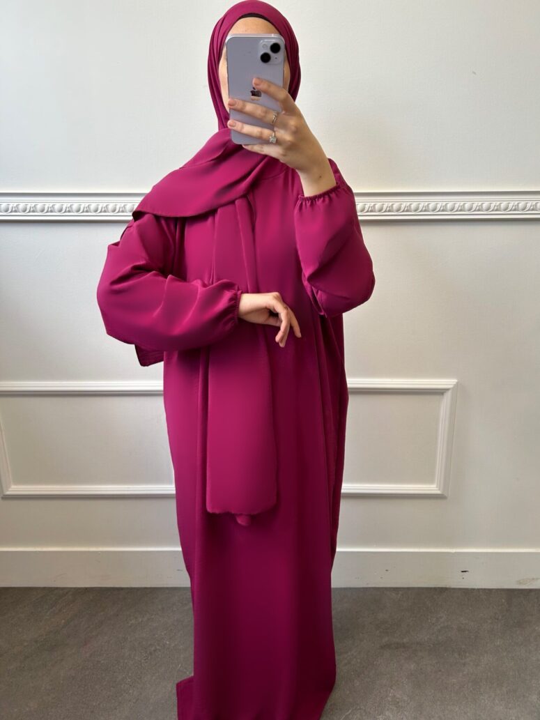 Abaya robe pour femme musulmane mastour voile intégré soie de medine rose violine manche ballon