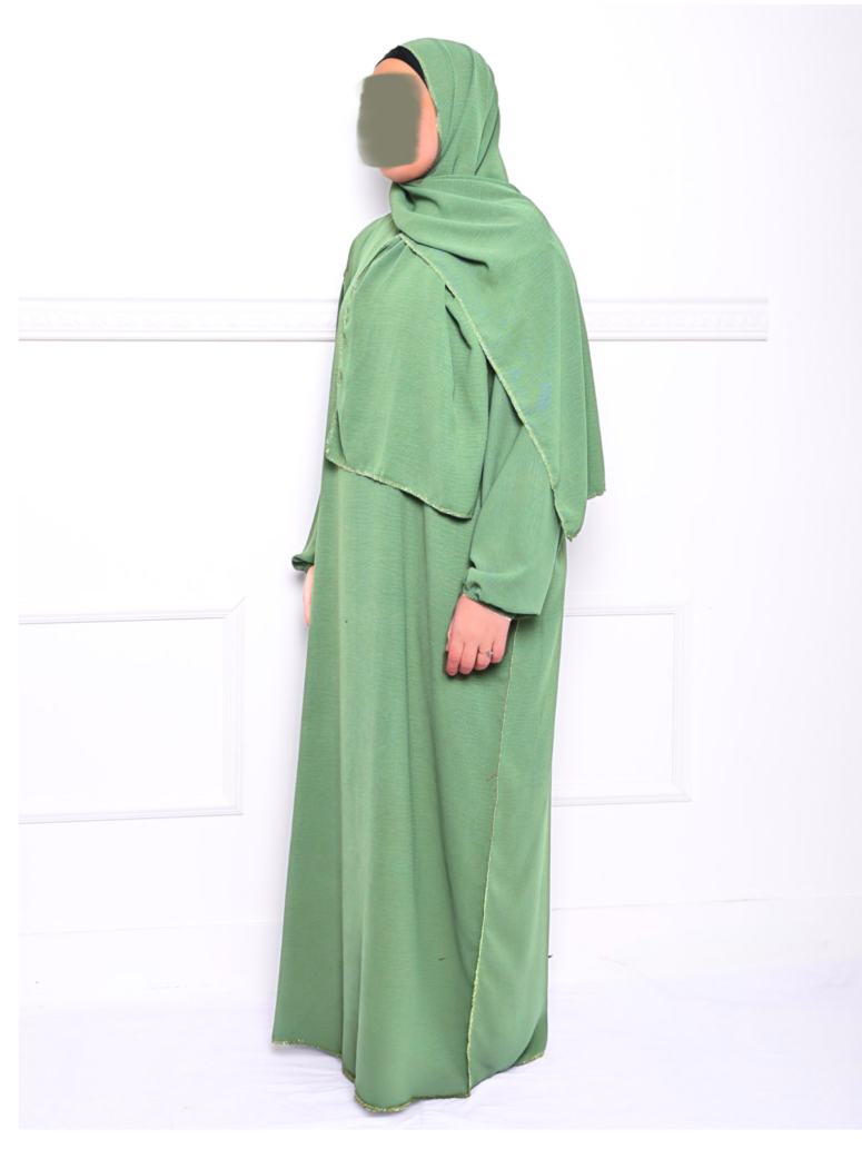 Abaya en jazz voile intégré bordure dorée - Vert anis