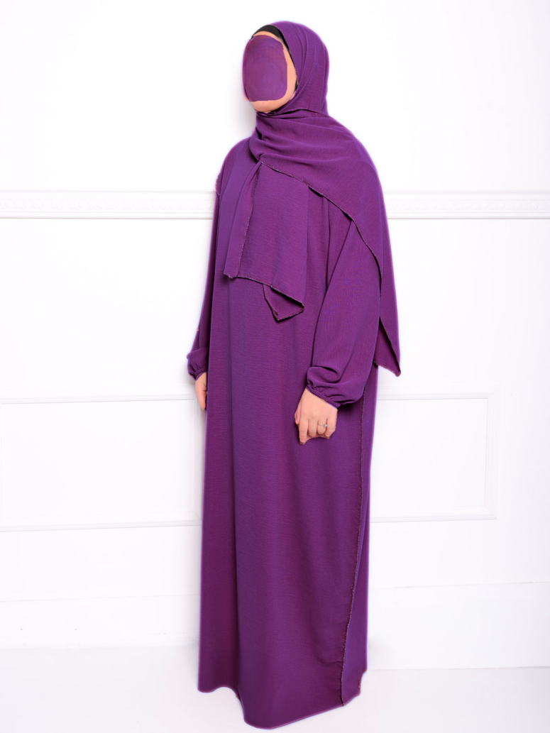 Abaya en jazz voile intégré bordure dorée - Violet