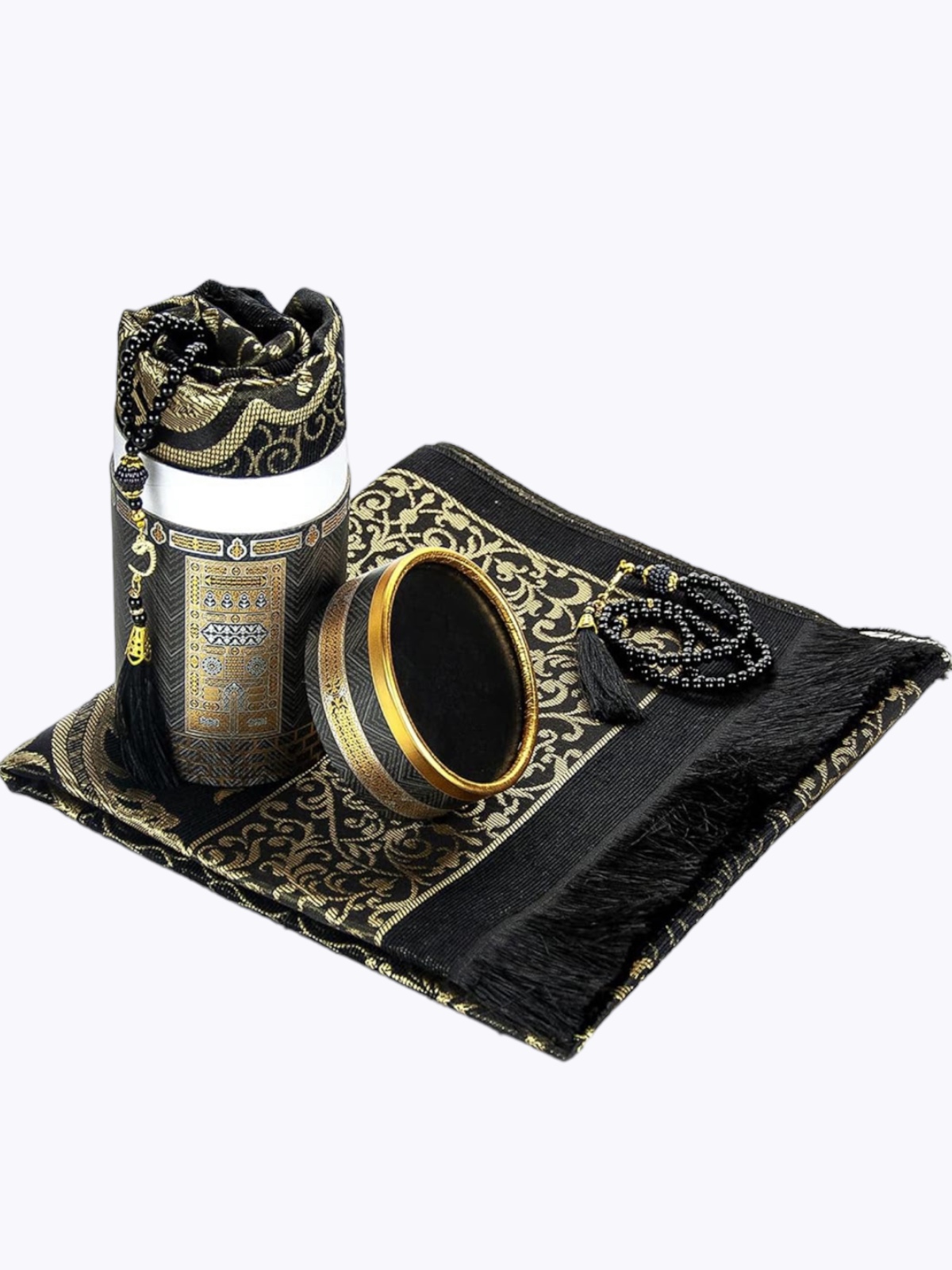 Grand Coffret Cadeau Prière Tapis et chapelet de luxe (boite ronde dorée) - Couleur Blanc crème (beige clair)