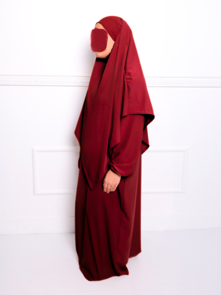 Ensemble abaya et khimar en soie de médine rouge bordeaux