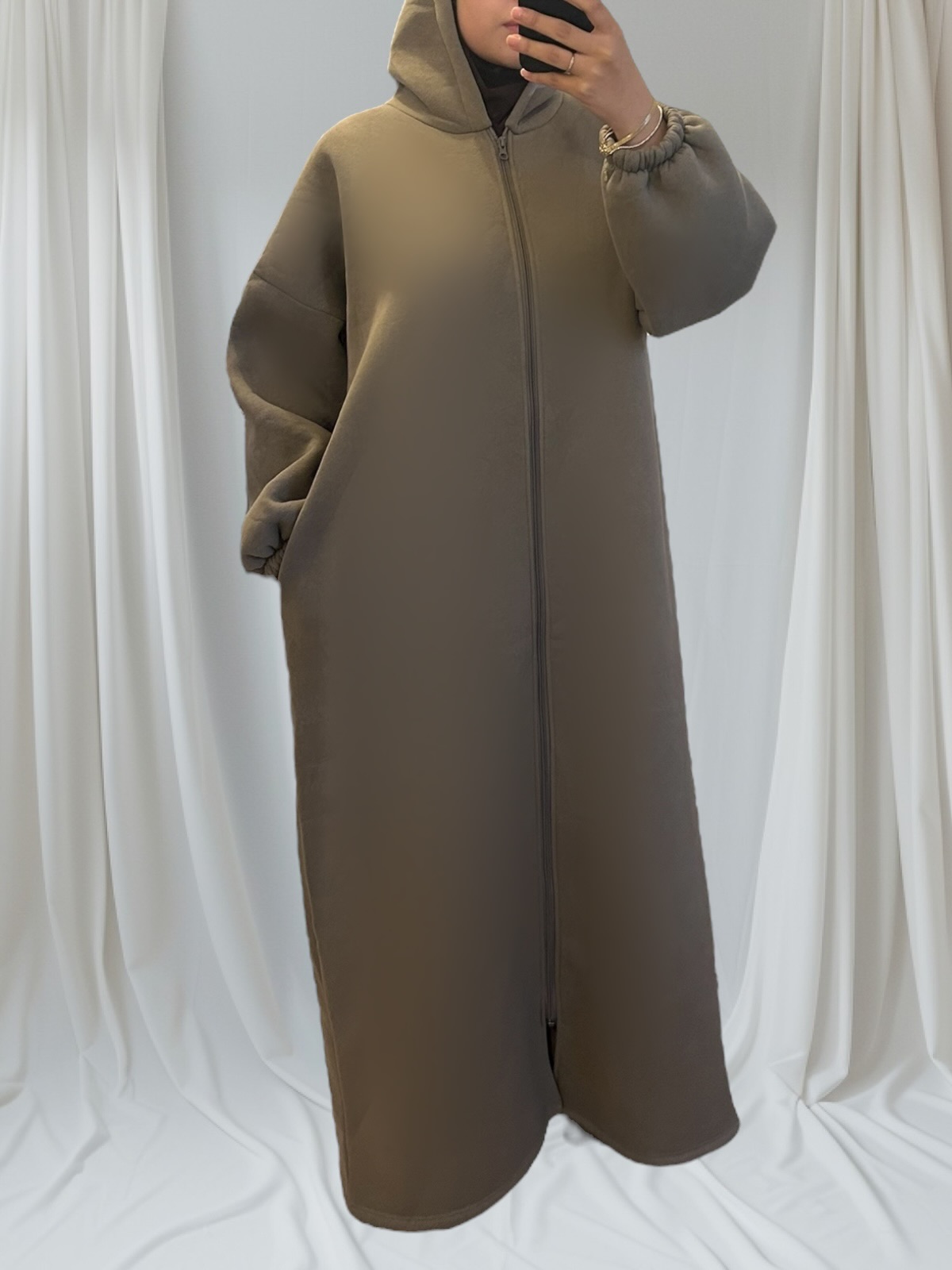 taupe gilet long et mastour